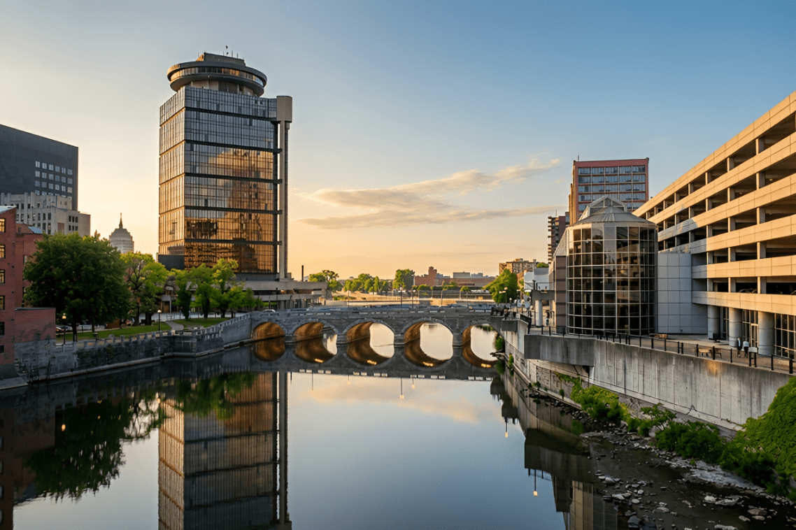City skyline featuring modern buildings beside a river at sunset, reflecting a bridge and trees, showcasing urban architecture and tranquility.